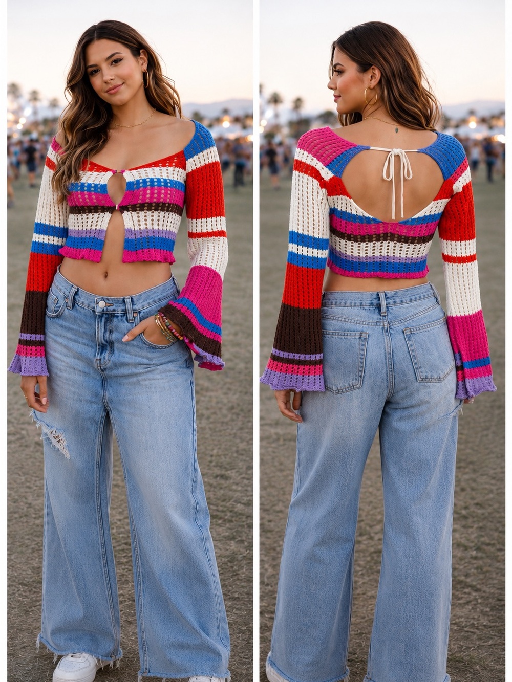 Indie Hippie Crochet Knit Crop Top M Boho Festival Y2K Bell Sleeve Colorblock
